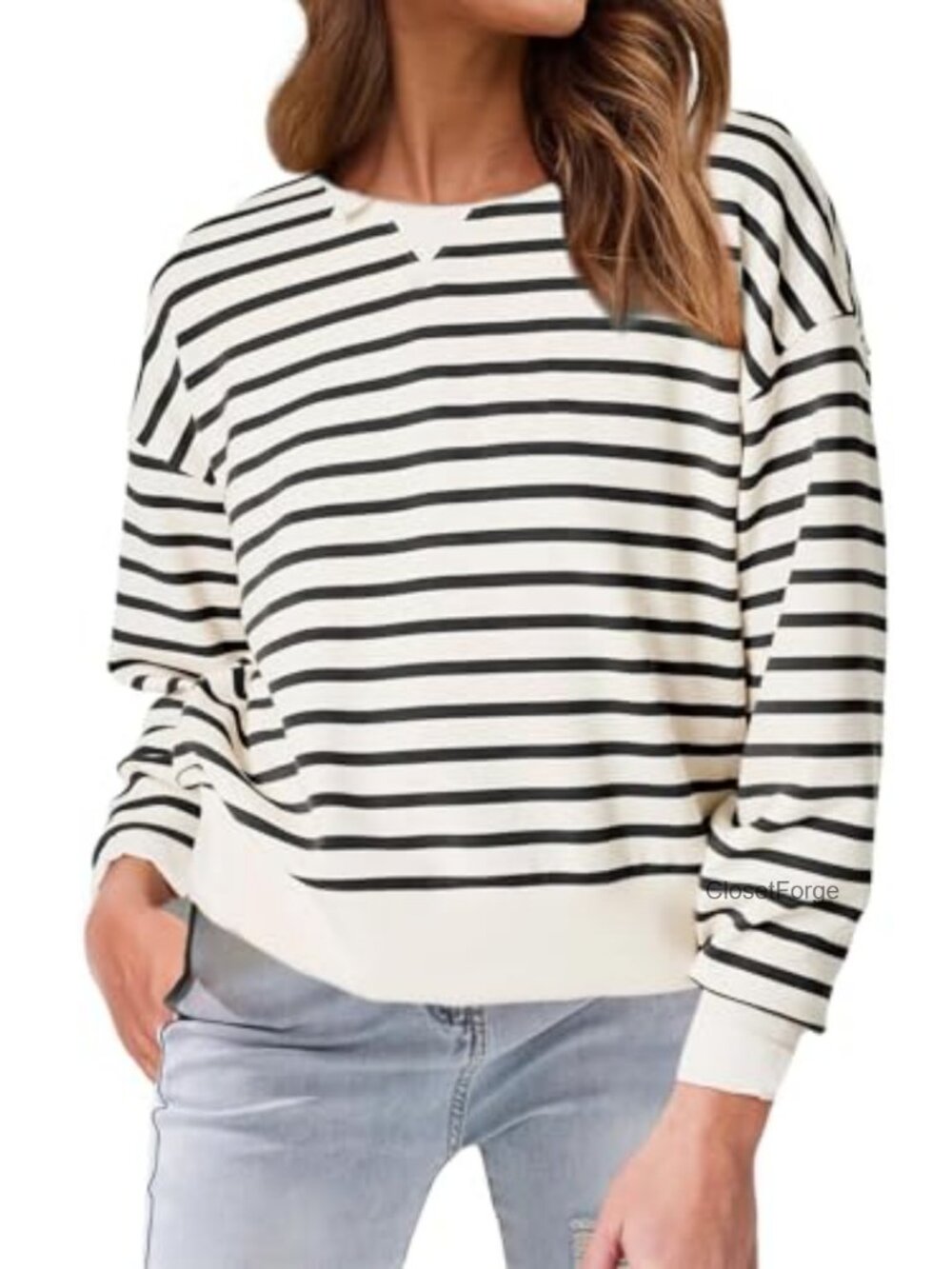 Striped Crewneck Sweatshirt Pullover Long Sleeve Cropped Loose Fit Tops